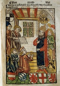 Representación del Concilio de Constanza (1414-1418), convocado por el emperador Segismundo I y el antipapa Juan XXIII. Puso fin al Gran Cisma de Occidente. Miniatura de 1414. París. Biblioteca Polaca