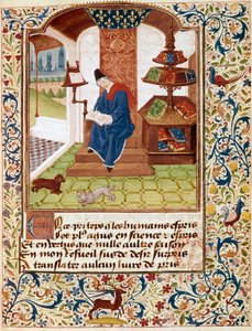 Representación del autor escribiendo en su oficina. Miniatura de 