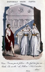 Representación de los intérpretes de la primera representación de "La Norma" de Vincenzo Bellini (1801 - 1835): de izquierda a derecha Domenico Donzelli (Pollione), Giuditta Grisi (Adalgisa) y Giuditta Pasta (Norma). 1833. de Unknown artist