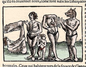 Representación de los monstruos descritos por Américo Vespucio (1451-1512): de izquierda a derecha: un monopodo, un cíclope, un hombre con dos cabezas, un hombre sin cabeza y un hombre con cabeza de perro o cinocefalo. Xilografía tomada de “Universal... de Unknown artist