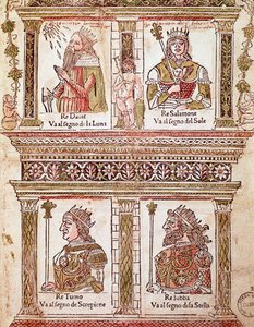 Representación de la página de los Reyes: Rey David, Rey Salomón, Rey Turno y Rey Lubba (Página de los reyes) de Unknown artist
