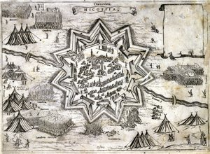 Representación del asedio de Nicosia en la isla de Chipre en 1191 durante la 3ª Cruzada por Ricardo Corazón de León. Siglo XVI. de Unknown artist