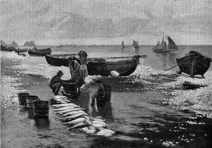 Regreso de los pescadores en la playa de Belle Isle (Belle-Isle) en Bretaña. Grabado en “Le Journal de la jeunesse”. de Unknown artist