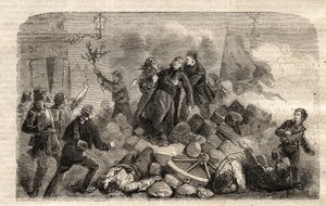 Revolución 1848: "El Arzobispo Monseñor Denis Affre (1793-1848) en la Barricada Faubourg Saint Antoine en París 26/06/1848 (Do o mon dieu que mon sang soit le dernier verse) (Muerte de Denis Affre Arzobispo de París en la barricada a la entrada de t de Unknown artist