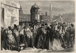 Revolución de septiembre de 1868 en España (Gloriosa): lectura del manifiesto de la junta, en la calle de Alcalá en Madrid. Grabado en “L