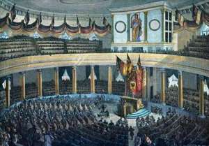 Revoluciones 1848 - 1849: Asamblea Nacional Alemana en la Iglesia de San Pablo en Frankfurt am Main - grabado en madera coloreado