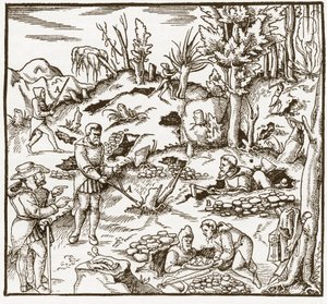 Rabdomancia - Exploración de un campo minero usando la vara adivinatoria - Hombres cortan y usan varas adivinatorias para localizar minerales - De De re metallica por Georgius Agricola (Georg Bauer), Basilea de Unknown artist