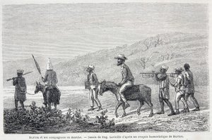 Richard Francis Burton, explorador británico (1821-1890), y sus compañeros en África. Dibujo que ilustra el artículo “El viaje del Capitán Burton a los Grandes Lagos de África 1857-59” - en “Tour du Monde”, 2º semestre 1860 de Unknown artist