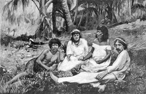 Robert Louis Stevenson (1850 - 1894) con su esposa en Samoa donde tenía su residencia publicada en Vailima. Grabado alrededor de 1890-1895. de Unknown artist