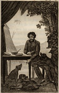Los perros de Robinson Crusoe esperan que les arroje algunos trozos para comer, grabado insertado en “Las aventuras de Robinson Crusoe” de Daniel Defoe (1660-1731), edición la librería de educación, París 1838. Colección Selva.