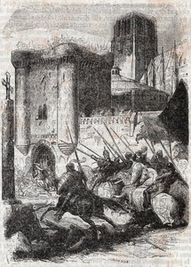 Rodomonte rompe las puertas del Palacio en París - grabado de 1851 de 