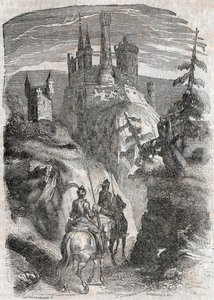 Roger y Richardet ven el castillo de Aigremont - grabado de 1851 de “Roland Furioso” (Orlando furioso) (siglo XVI) de Ludovico Ariosto, conocido como el Ariosto - Edición traducida del italiano por el Conde de Tressan y publicada por Gustave Harvard.