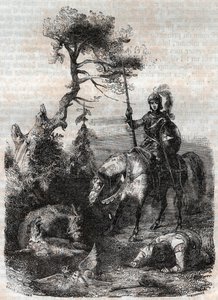 Roger (Ruggero, Ruggiero) usa el escudo encantado - grabado de 1851 de 