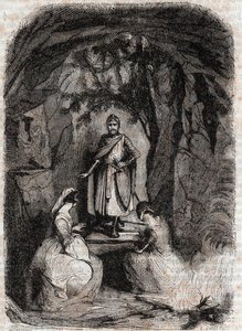 Roland ve a Isabelle en una cueva - grabado de 1851 de “Roland Furioso” (Orlando furioso) (siglo XVI) de Ludovico Ariosto, conocido como el Ariosto - Edición traducida del italiano por el Conde de Tressan y publicada por Gustave Harvard.