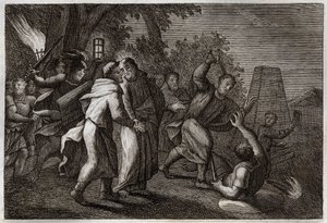 Biblia de Royaumont, Nuevo Testamento: Arresto de Jesucristo o el Beso de Judas. Los soldados vienen a arrestar a Cristo en el Jardín de los Olivos. San Pedro corta la oreja de uno de ellos. Ilustración de 1811 de Unknown artist