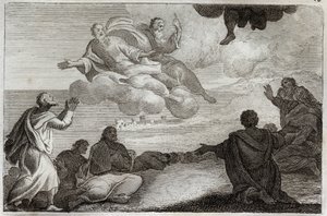 Biblia de Royaumont, Nuevo Testamento: Ascensión de Jesucristo. Cristo es llevado al cielo y bendice a los apóstoles antes de desaparecer en una nube. Ilustración de 1811