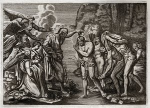 Biblia de Royaumont, Nuevo Testamento: Bautismo de Jesucristo. San Juan Bautista bautizando a Jesucristo en las aguas del río Jordán. Ilustración de 1811.
