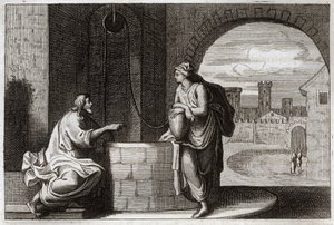 Biblia de Royaumont, Nuevo Testamento: Cristo y la samaritana en el pozo. Jesucristo convierte a una mujer samaritana. Ilustración de 1811 de Unknown artist