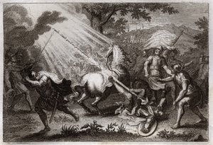 Biblia de Royaumont, Nuevo Testamento: Conversión de San Pablo en el camino a Damasco. Escucha la voz de Jesucristo que le dice "Saulo, Saulo, ¿por qué me persigues?" y un caballo cae. Ilustración de 1811 de Unknown artist