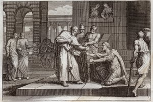 Biblia de Royaumont, Nuevo Testamento: Cornelio se bautiza. El centurión recibe la fe de Jesucristo y es bautizado por San Pedro. Ilustración de 1811. de Unknown artist
