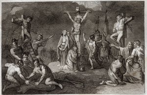 Biblia de Royaumont, Nuevo Testamento: Crucifixión de Jesucristo. La Virgen María, Santa María Magdalena y San Juan al pie de la cruz, San Longino el Centurión con su lanza, soldados jugando con la túnica de Cristo. de Unknown artist
