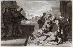 Biblia de Royaumont, Nuevo Testamento: Muerte de Ananías y su esposa Safira ante San Pedro y San Juan. Ilustración de 1811 de Unknown artist