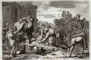 Biblia de Royaumont, Nuevo Testamento: Muerte de San Esteban, primer mártir cristiano, por lapidación. Ilustración de 1811. de Unknown artist