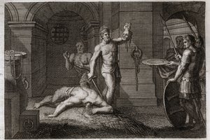 Biblia de Royaumont, Nuevo Testamento: Decapitación de San Juan Bautista. Se pone su cabeza en un plato. Ilustración de 1811. de Unknown artist