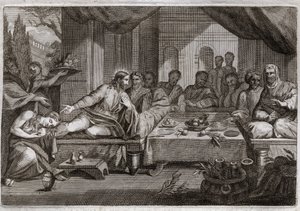 Biblia de Royaumont, Nuevo Testamento: Cena en casa de Simón el Fariseo. María Magdalena fue a llorar a los pies de Jesucristo en casa de Simón el Fariseo y obtuvo el perdón de sus pecados. Ella unge los pies de Cristo con ungüento y los seca con su cabell de Unknown artist