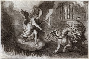 Biblia de Royaumont, Nuevo Testamento: Cadenas del dragón. El dragón del Apocalipsis, símbolo del diablo, es encadenado por un ángel que sostiene la llave del abismo. Ilustración de 1811. de Unknown artist