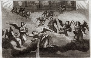 Biblia de Royaumont, Nuevo Testamento: Dragón del Apocalipsis. Siete ángeles derraman el contenido de sus copas, símbolo de la ira de Dios, sobre la tierra. Ilustración de 1811.
