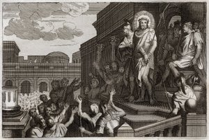 Biblia de Royaumont, Nuevo Testamento: Ecce homo. Poncio Pilato (Poncio Pilato) presenta a Jesucristo con espinas a la multitud diciendo, “Aquí está el Hombre”. Ilustración de 1811.