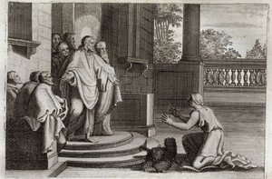 Biblia de Royaumont, Nuevo Testamento: Jesucristo y la mujer de Canaán (La Cananea o la mujer extranjera). Una campesina pide ayuda al Señor para curar a su hija. Cristo le respondió: “Solo fui enviado a las ovejas perdidas de la casa de Israel”. Ilustraci