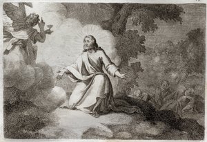 Biblia de Royaumont, Nuevo Testamento: Jesucristo en el Jardín (oración en el Monte de los Olivos). Un ángel con un cáliz aparece a Jesús. Los apóstoles San Pedro, San Juan y Santiago están dormidos. Ilustración de 1811