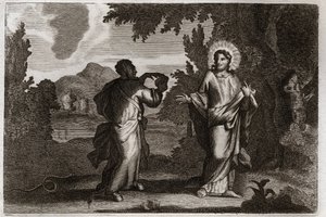 Biblia de Royaumont, Nuevo Testamento: Jesucristo en el desierto. Jesús es llevado al desierto. Ayuna cuarenta días y cuarenta noches. Es tentado por el demonio que lo invita a convertir piedras en pan. Ilustración de 1811. de Unknown artist
