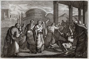 Biblia de Royaumont, Nuevo Testamento: Cojo curado. San Pablo cura a un cojo y detiene a un pueblo que quería sacrificarle como a un dios. Ilustración de 1811.