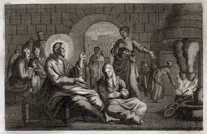 Biblia de Royaumont, Nuevo Testamento: Marta y María. Jesucristo entra en la casa de Marta, quien se apresura a recibirlo mientras su hermana, María de Betania, escucha su palabra. Ilustración de 1811 de Unknown artist