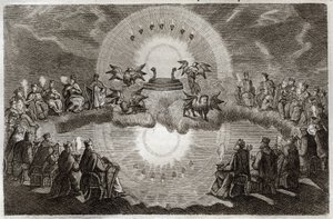 Biblia de Royaumont, Nuevo Testamento: Cielo abierto. Un trono aparece rodeado por un león, un buey, un hombre y un águila (tetramorfo) y siete lámparas. Veinticuatro ancianos sentados en tronos rodean esta visión. Ilustración de 1811 de Unknown artist