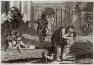 Biblia de Royaumont, Nuevo Testamento: Parábola del hijo pródigo. El hijo regresa a casa después de haber perdido todas sus posesiones. Viene a pedir perdón a su padre. Ilustración de 1811