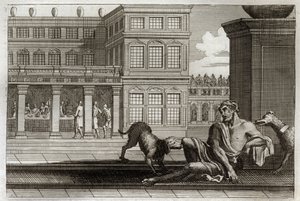Biblia de Royaumont, Nuevo Testamento: Parábola del rico malvado representa en la mesa al fondo y Lázaro el mendigo, cuyos perros del rico lamen las heridas. Ilustración de 1811