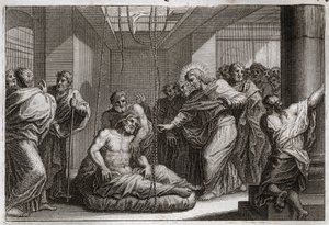 Biblia de Royaumont, Nuevo Testamento: Paralítico. Jesucristo llama a San Mateo y cura a un paralítico en Cafarnaúm. Ilustración de 1811