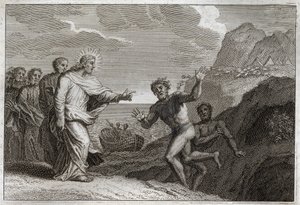 Biblia de Royaumont, Nuevo Testamento: Poseso curado. Jesucristo curó a un poseso que el demonio había hecho furioso. Ilustración de 1811.