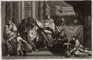 Biblia de Royaumont, Nuevo Testamento: Purificación de la Virgen o presentación en el Templo. La Sagrada Familia ofrece a Jesucristo en el Templo y lo entrega a Simeón (o Simón). Una mujer sostiene dos palomas en una cesta. Ilustración de 1811