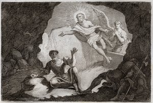 Biblia de Royaumont, Nuevo Testamento: Resurrección. Jesucristo resucita de su tumba ante el asombro de los soldados romanos que se habían quedado dormidos. Ilustración de 1811
