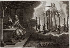 Biblia de Royaumont, Nuevo Testamento: Revelaciones de San Juan en el Apocalipsis. Jesucristo aparece a San Juan entre siete candelabros de oro, con siete estrellas en su mano derecha y una espada saliendo de su boca. Ilustración de 1811