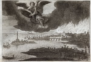 Biblia de Royaumont, Nuevo Testamento: Ruina de Babilonia. Babilonia en llamas, un ángel arroja una piedra al mar, simbolizando la destrucción de esta ciudad durante el Apocalipsis. Ilustración de 1811. de Unknown artist