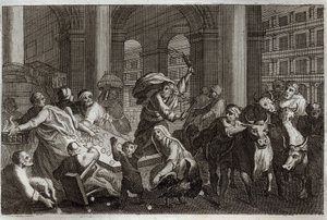 Biblia de Royaumont, Nuevo Testamento: Expulsión de los vendedores del Templo. Jesucristo expulsa del Templo a aquellos que lo profanaban con su comercio. Ilustración de 1811 de Unknown artist