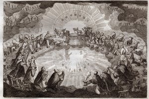 Biblia de Royaumont, Nuevo Testamento: Siete sellos del libro abiertos por el Cordero. Los veinticuatro ancianos postrados ante el trono rodeado por un león, un buey, un hombre y un águila (tetramorfos) y siete lámparas. Ilustración de 1811 de Unknown artist
