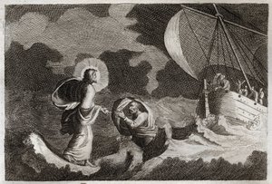 Biblia de Royaumont, Nuevo Testamento: San Pedro camina sobre el agua. Jesucristo camina sobre el mar y hace que San Pedro camine sobre él. Ilustración de 1811. de Unknown artist