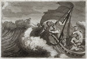 Biblia de Royaumont, Nuevo Testamento: Tempestad apaciguada. Los apóstoles son sorprendidos por una tormenta, despiertan a Jesucristo que dormía en su barco, y él calma el Mar de Galilea. Ilustración de 1811. de Unknown artist